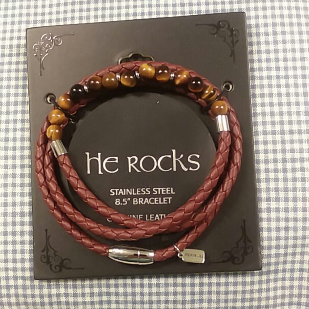 He Rocks leather & tiger eye bracelet